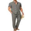 Dokotoo Men Men's Vacation Outfit Summer Short Sleeve Sets for Men Solid Linen Beach Outfits Casual Cuban Button Up Shirts Drawstring Pants with Pockets Dark Grey Small view 1
