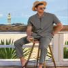 Dokotoo Men Men's Vacation Outfit Summer Short Sleeve Sets for Men Solid Linen Beach Outfits Casual Cuban Button Up Shirts Drawstring Pants with Pockets Dark Grey Small view 4