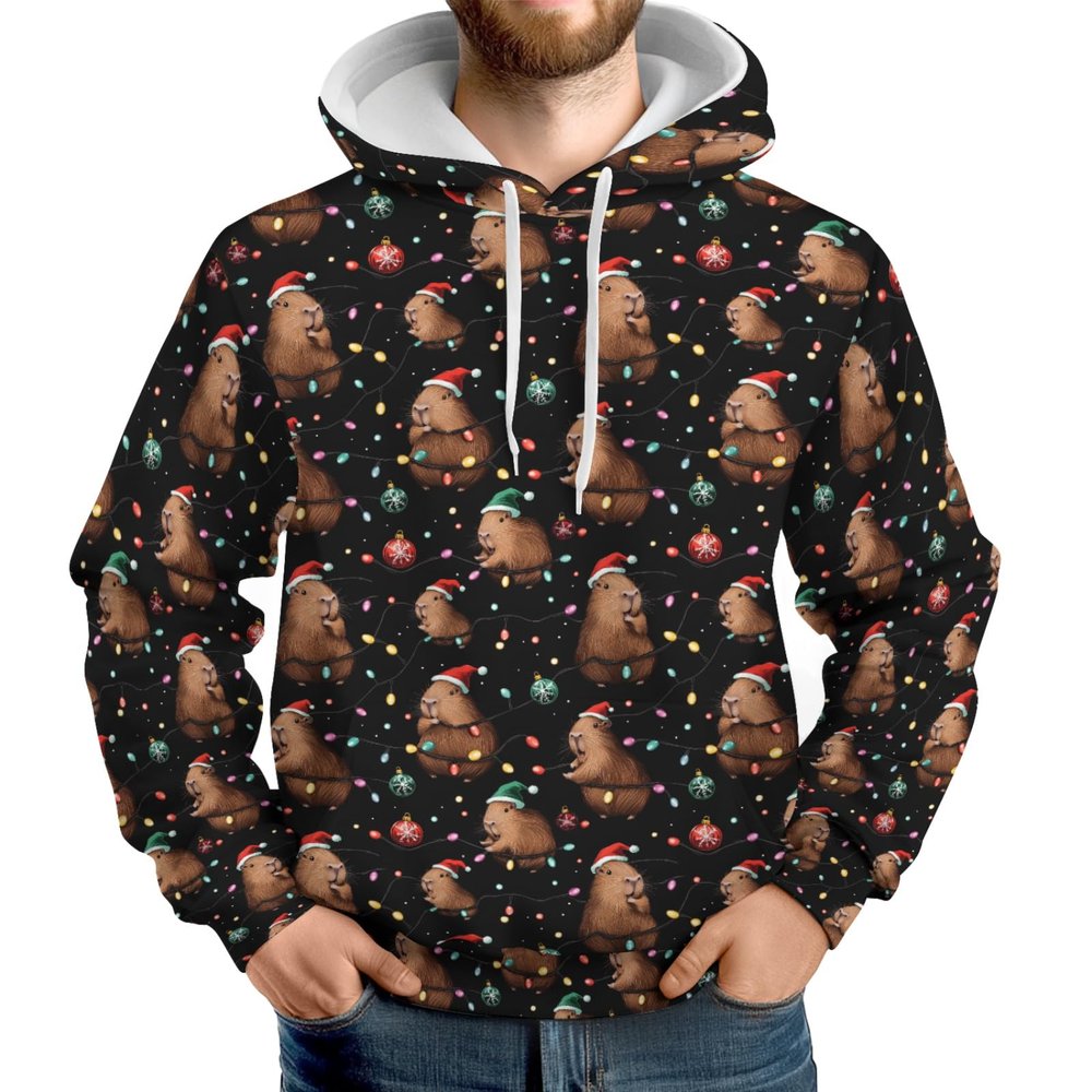 Pynnlts Capybara Christmas Lights Men's Hoodies Capybara Merry Christmas Pullover Sweatshirt Capybara Lover Black X Large