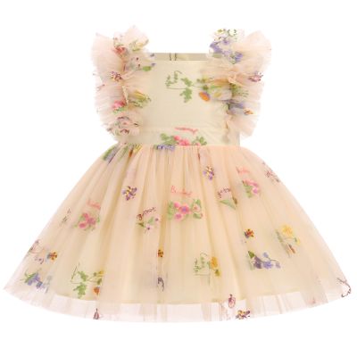 IBTOM CASTLE Flower Girl Dress Toddler Baby Girls Birthday Party Floral Embroidered Tulle Dress Wedding Pageant Dress Easter Boho Cake Smash Photo Shoot Outfit Apricot-Floral 12-18 Months