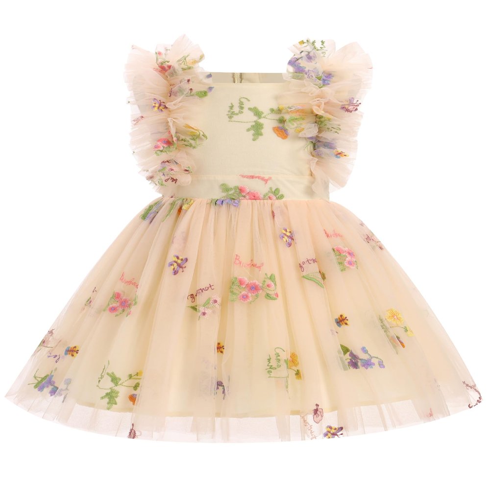 IBTOM CASTLE Flower Girl Dress Toddler Baby Girls Birthday Party Floral Embroidered Tulle Dress Wedding Pageant Dress Easter Boho Cake Smash Photo Shoot Outfit Apricot-Floral 12-18 Months