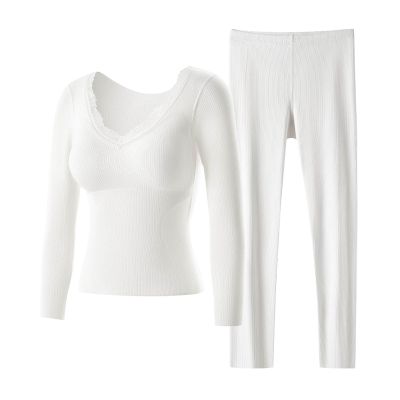 Women's Solid Color V-Neck Cashmere Undershirts with Chest Cushion and Warm Pants 2 Piece Thermal Sleepwear Sets 2024