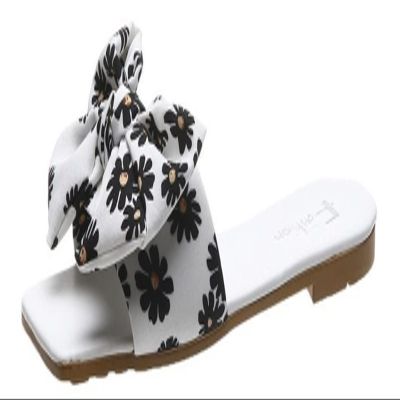 Gikleihwy Womens Slip On Slide Slippers Casual Bow-Knot Square Toe Open Toe Summer Flats Sandals Beautiful Comfort Four Season Dress Shoe Indoor House(White,7.5 US)
