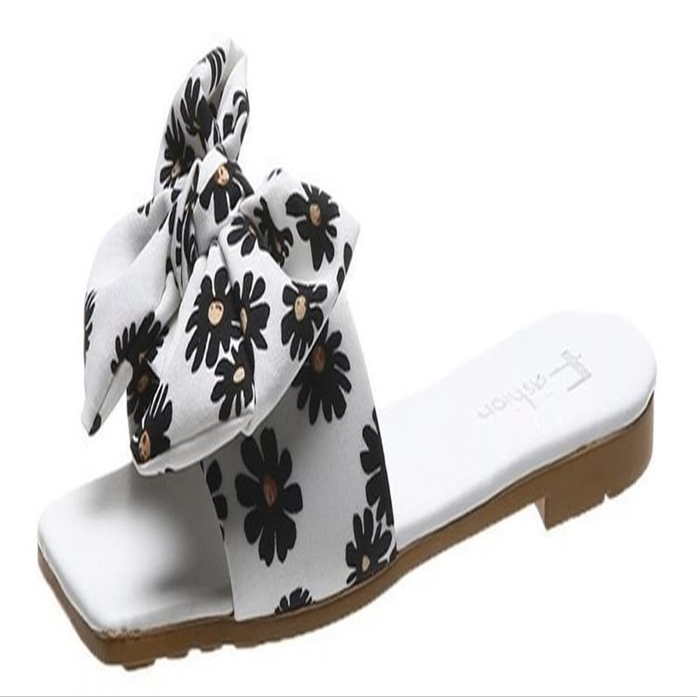Gikleihwy Womens Slip On Slide Slippers Casual Bow-Knot Square Toe Open Toe Summer Flats Sandals Beautiful Comfort Four Season Dress Shoe Indoor House(White,7.5 US)