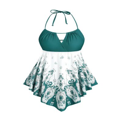 ROSE GAL 3D Figure Butterfly Printed Halter Ruched Tankini Swimsuit(Green_2/1X)