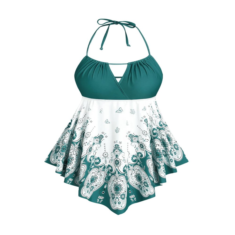 ROSE GAL 3D Figure Butterfly Printed Halter Ruched Tankini Swimsuit(Green_2/1X)