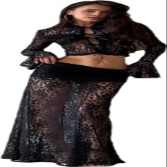 RanRui Womens Two Piece Set  lace Crop Top Cardigan Maxi Skirt Outfit for Cocktail Party Lace Perspective Two-Piece Set (Black,Large)