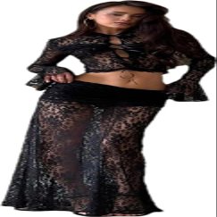 RanRui Womens Two Piece Set  lace Crop Top Cardigan Maxi Skirt Outfit for Cocktail Party Lace Perspective Two-Piece Set (Black,Large)