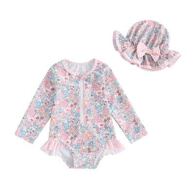 Baby Girl Rash Guard Swimsuit Long Sleeve Floral Print Bathing Suit Infant Swimwear with Bowknot Sun Hat (Pink, 2-3 Years)