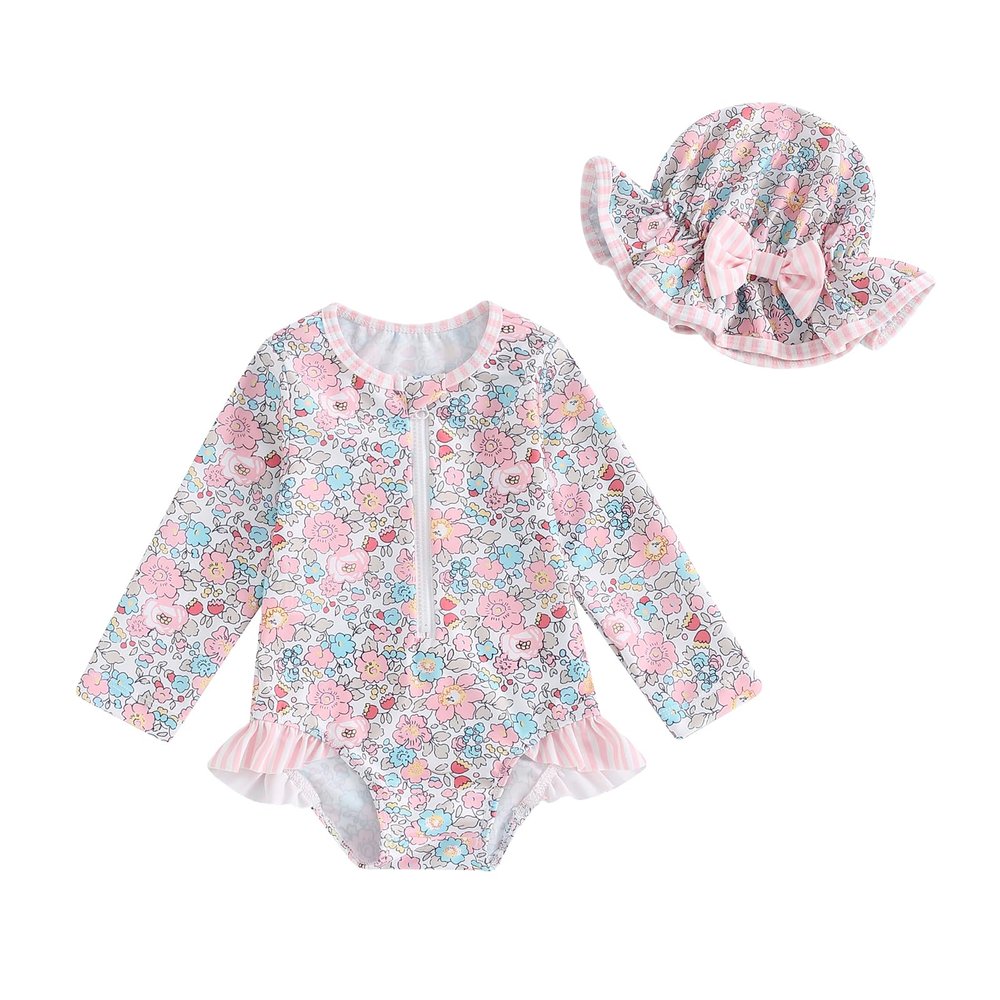 Baby Girl Rash Guard Swimsuit Long Sleeve Floral Print Bathing Suit Infant Swimwear with Bowknot Sun Hat (Pink, 2-3 Years)