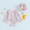 Baby Girl Rash Guard Swimsuit Long Sleeve Floral Print Bathing Suit Infant Swimwear with Bowknot Sun Hat (Pink, 2-3 Years) view 2