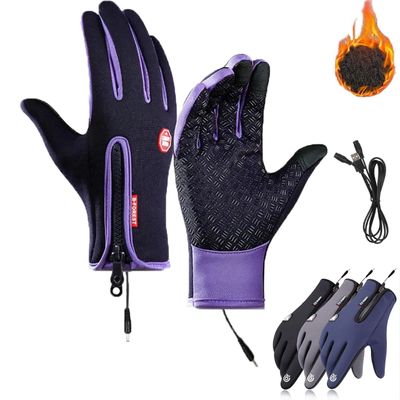 USB Outdoor Heated Gloves Windproof Waterproof Plus Velvet for Men and Women (Purple, XL, Heated Gloves+USB)