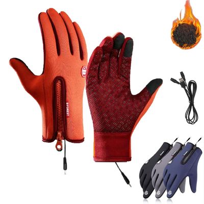 USB Outdoor Heated Gloves Windproof Waterproof Plus Velvet for Men and Women (Orange, XL, Heated Gloves+USB)