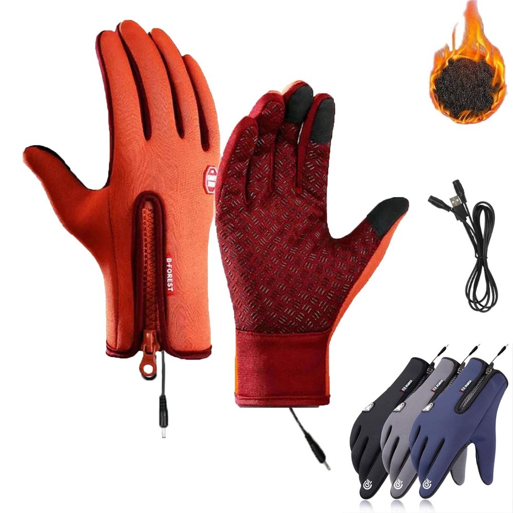 USB Outdoor Heated Gloves Windproof Waterproof Plus Velvet for Men and Women (Orange, XL, Heated Gloves+USB)