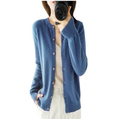 Women's Crew Neck Knitted Cardigan Women's Solid Color Cardigan Long Sleeve Button Down Sweater Blue XL