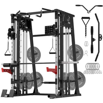 Waxman Smith Machine, 2200lbs Squat Rack with LAT-Pull Down System & Cable Crossover Machine, Training Equipment with Leg Hold-Down Attachment