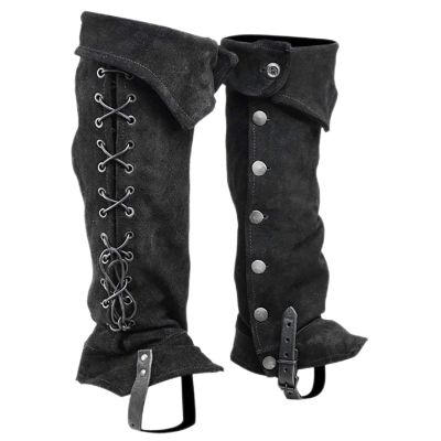 Faux Leather Medieval Knight Boot Covers Spats Waterproof Leg Guards Costume Accessories, Black