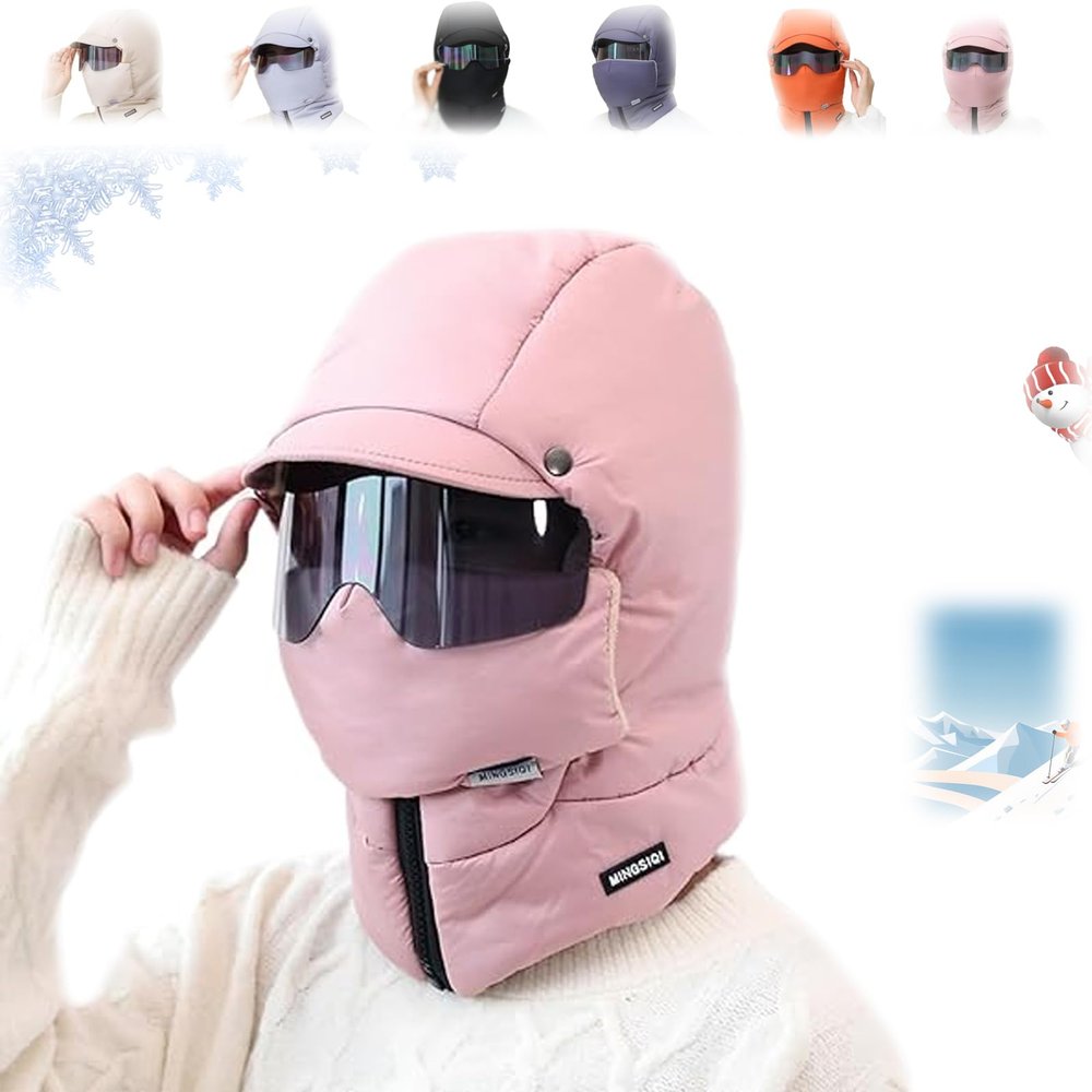 WXDTW Windproof Full Cover Outdoor Riding Mask with Glasses, 4 in 1 Waterproof Ski Cap Winter Windproof Full Cover Balaclava (Pink,One Size)