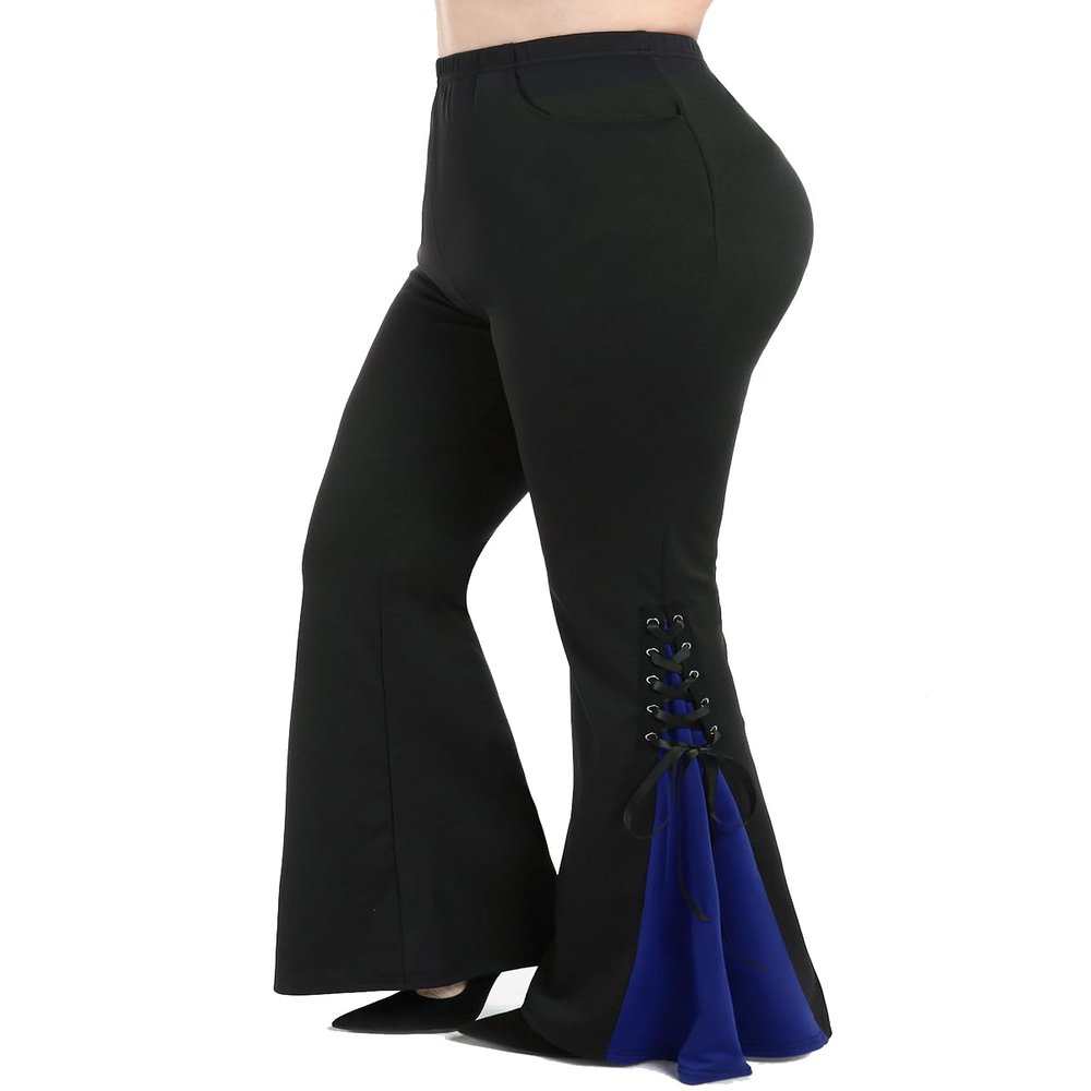 ROSE GAL Womens Plus Size Gothic Lace Up Two Tone Godet Hem Pull On Flare Pants(Blue_1/2X)
