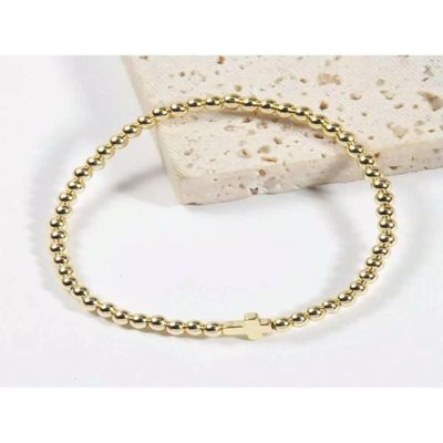 1pc Fashionable Minimalist Gold-Color Hematite Beaded Bracelet with Cross Charm,-Default
