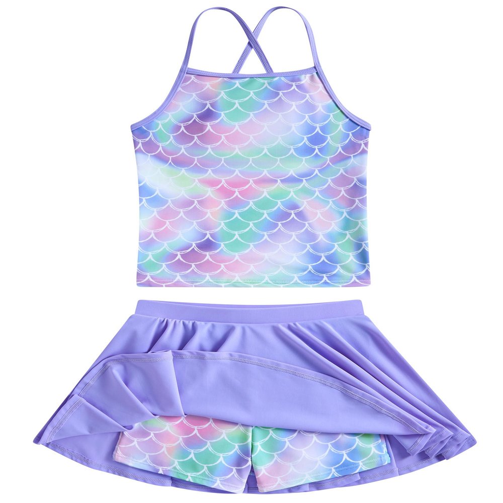Girls Mermaid Swimsuit Tankini Bathing Suits Adjustable Strap Criss-Cross Swim Skirt Two Piece Swimwear 3-4T