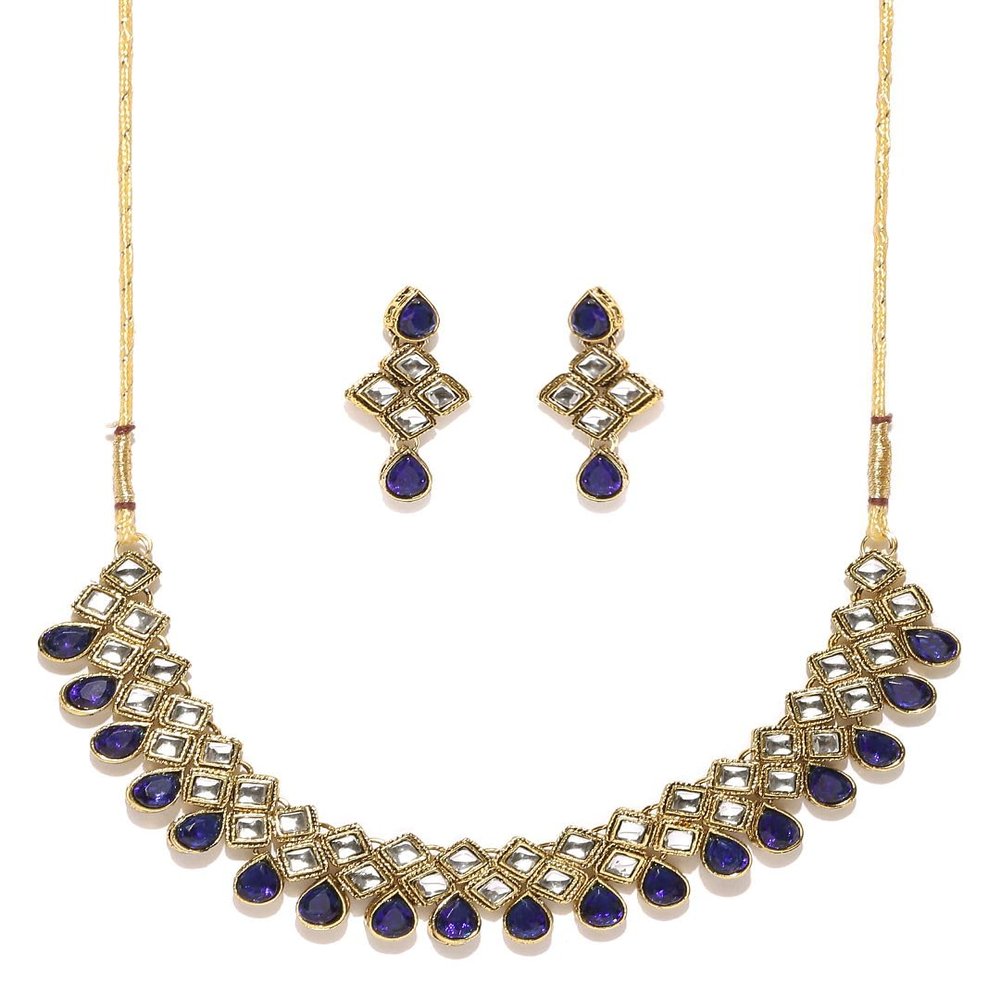 DENMOUS Gold-Toned & Blue Stone-Studded Jewellery Set-DMZ-530, zzzz-s, Brass