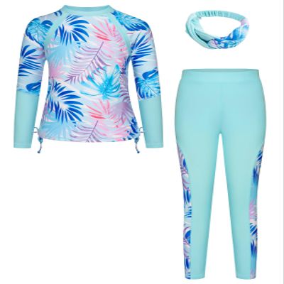GRACE KARIN Girls Rash Guard Sets Long Sleeve Swimsuit 2Piece Bathing Surfing Suit Summer Beach Sun Protection Swimwear Blue Purple 5-6Y