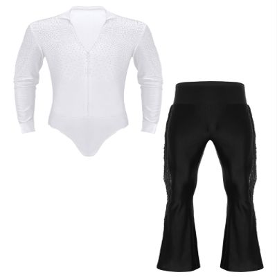vastwit Men Modern Ballroom Dance Shirt Set Professional Latin Ballet Tango Rumba Leotard Bodysuit Dancewear White&Black Large