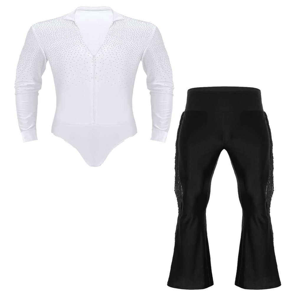 vastwit Men Modern Ballroom Dance Shirt Set Professional Latin Ballet Tango Rumba Leotard Bodysuit Dancewear White&Black Large