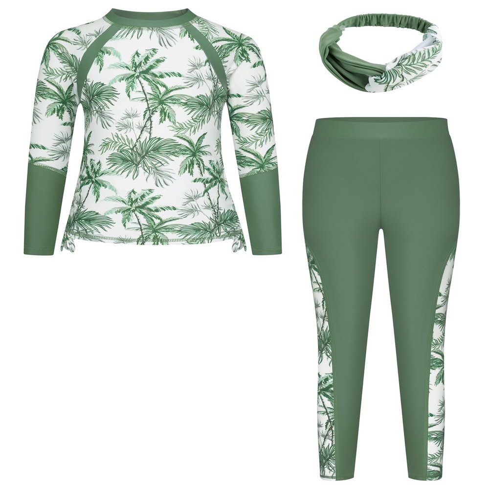 GRACE KARIN Girls Rash Guard Sets Long Sleeve Swimsuit 2Piece Bathing Surfing Suit Summer Beach Sun Protection Swimwear Green Coconut Tree 5-6Y