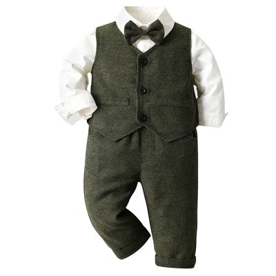 Toddler Boys Long Sleeve Shirt Tops Vest Coat Pants Child Kids With Bow Gentleman Outfits Weeding Clothes for (AG, 90)