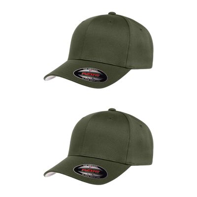 Flexfit 2-Pack Wooly Combed Premium 6-Panel Structured Baseball Cap | Stretch Fitted | Bulk Pack Available(Olive,S/M)