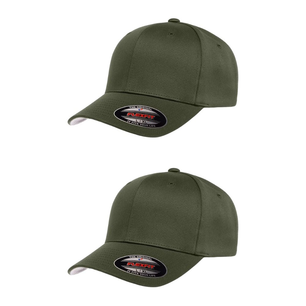 Flexfit 2-Pack Wooly Combed Premium 6-Panel Structured Baseball Cap | Stretch Fitted | Bulk Pack Available(Olive,S/M)