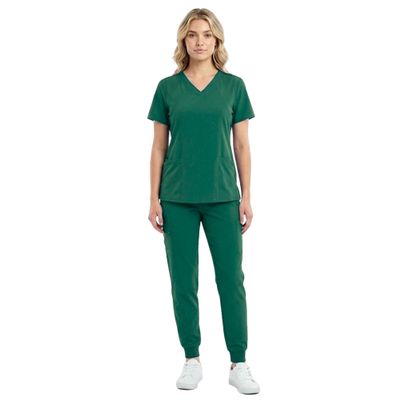 M&M SCRUBS Womens Jogger Scrub Set 4-Way Stretch V-Neck Nurse Scrubs Top & Pants (True Hunter Green, X-Small-Petite)