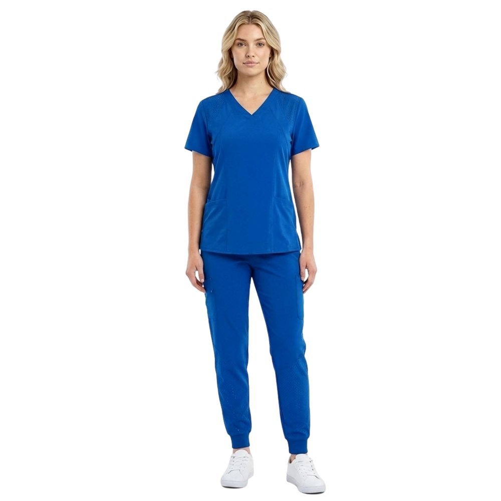 M&M SCRUBS Womens Jogger Scrub Set 4-Way Stretch V-Neck Nurse Scrubs Top & Pants (True Royal Blue, XX-Large-Petite)