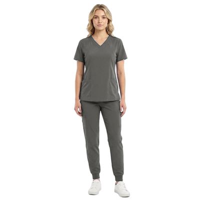 M&M SCRUBS Womens Jogger Scrub Set 4-Way Stretch V-Neck Nurse Scrubs Top & Pants (Heather Grey, X-Large-Petite)