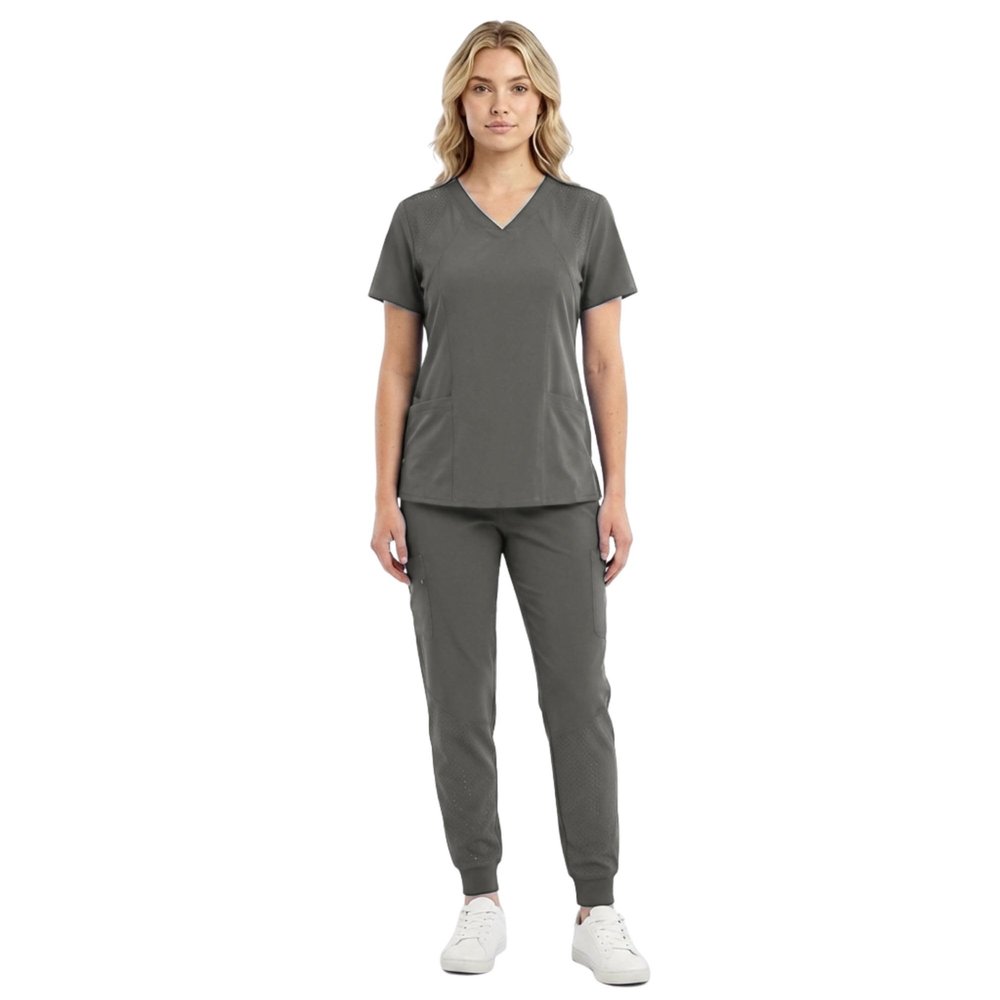 M&M SCRUBS Womens Jogger Scrub Set 4-Way Stretch V-Neck Nurse Scrubs Top & Pants (Heather Grey, X-Large-Petite)