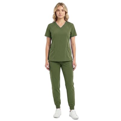 M&M SCRUBS Womens Jogger Scrub Set 4-Way Stretch V-Neck Nurse Scrubs Top & Pants (Olive, Medium-Petite)