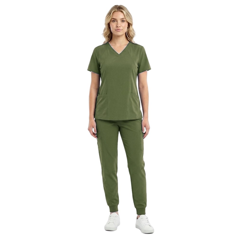 M&M SCRUBS Womens Jogger Scrub Set 4-Way Stretch V-Neck Nurse Scrubs Top & Pants (Olive, Medium-Petite)