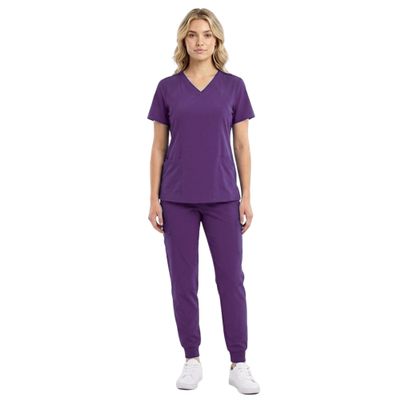 M&M SCRUBS Womens Jogger Scrub Set 4-Way Stretch V-Neck Nurse Scrubs Top & Pants (Eggplant, X-Small-Petite)