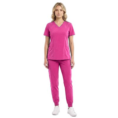 M&M SCRUBS Womens Jogger Scrub Set 4-Way Stretch V-Neck Nurse Scrubs Top & Pants (Hot Pink, X-Small-Petite)