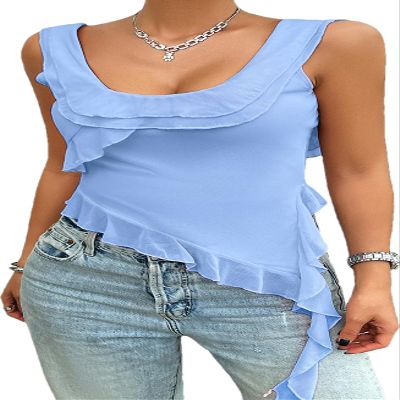 RanRui open back camisole women lace tank tops 2025 spring and summer Y2K solid color sleeveless U-neck mesh suspender top (blue,X-Large)