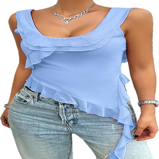 RanRui open back camisole women lace tank tops 2025 spring and summer Y2K solid color sleeveless U-neck mesh suspender top (blue,X-Large)