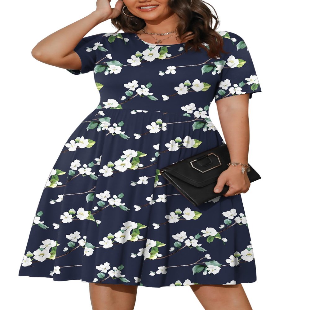 POSESHE Womens Plus Size Dress Summer Short Sleeve Casual 2024 Work Midi Dress with Pockets,Blue Begonia,3XL