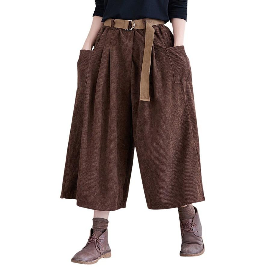 chouyatou Women's High Elastic Waisted Wide Leg Cropped Corduroy Capri Pants Culottes with Belt (X-Small, Brown)