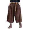 chouyatou Women's High Elastic Waisted Wide Leg Cropped Corduroy Capri Pants Culottes with Belt (X-Small, Brown) view 1