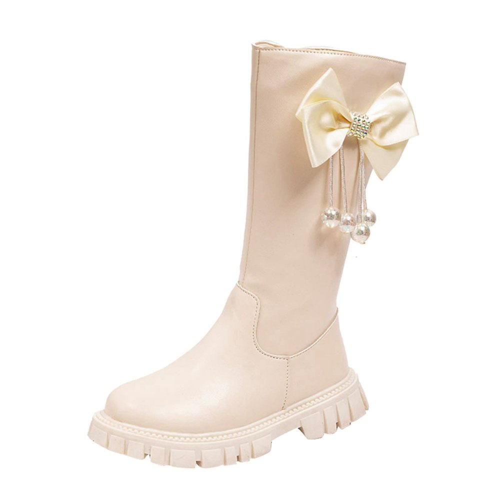 Long Leather Boots for Girls Kids Baby Toddler Zipper Leather Slip On Flat Boots Outdoor aterproof Cozy Long Shoes (White, 2 Big Kids)