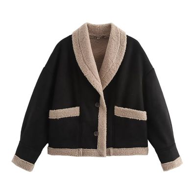 YUNZSXJY Winter Short Coat for Women Vintage Woolen Jacket Lapel Loose Faux Fur One-Piece Coat with Large Pockets A-Black