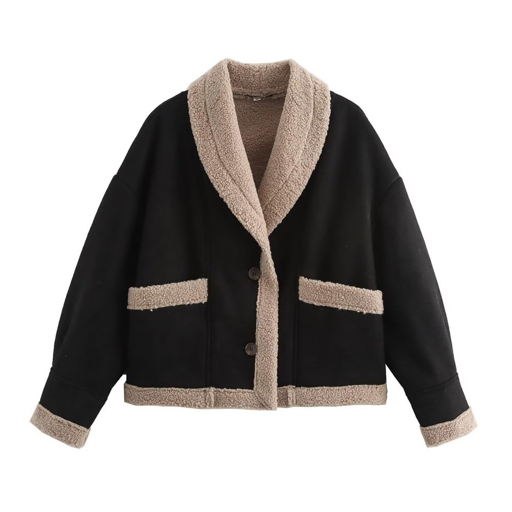 YUNZSXJY Winter Short Coat for Women Vintage Woolen Jacket Lapel Loose Faux Fur One-Piece Coat with Large Pockets A-Black