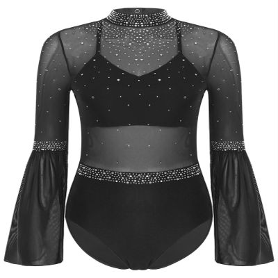 YOOJOO Women's Rhinestone Ballet Gymnastics Dance Leotard Mockneck Flare Sleeve Figure Skating Dance Costume Black X-Large